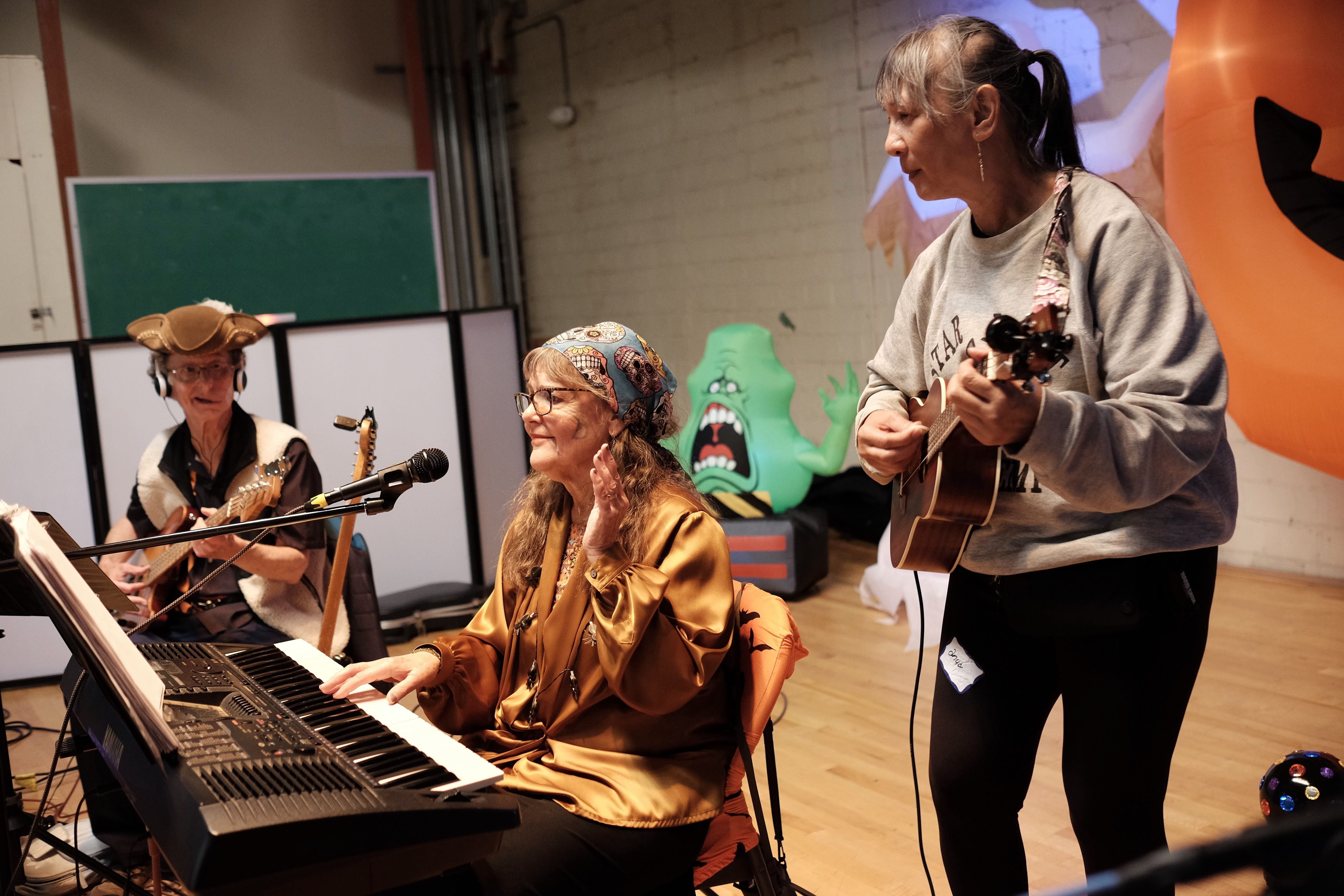 two women playing instruments