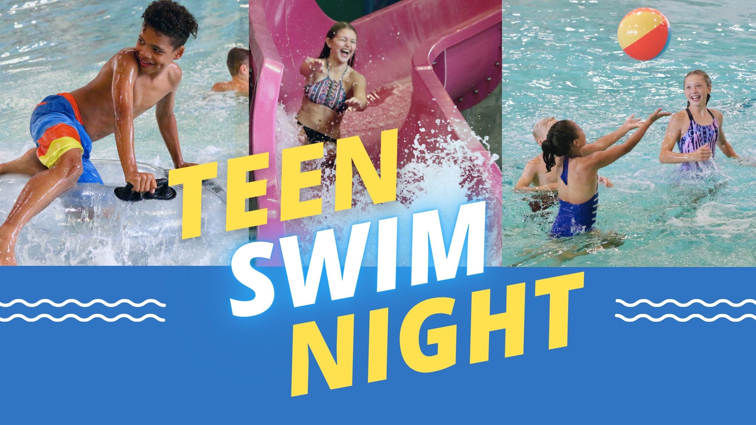 Teen Swim Night header with teens playing in pool